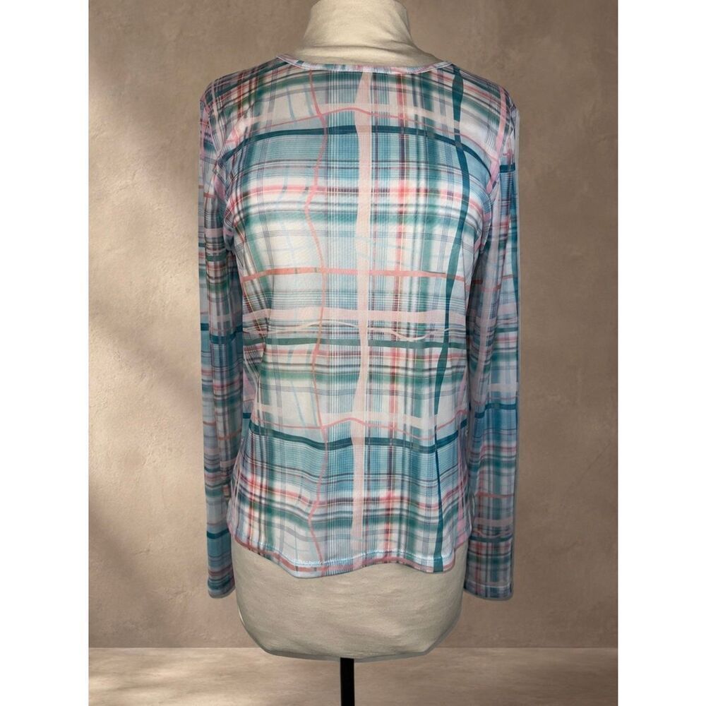 Anthropologie Sz M Long Sleeve Mesh Top NWT Sheer Plaid Turquoise Pink Stretch